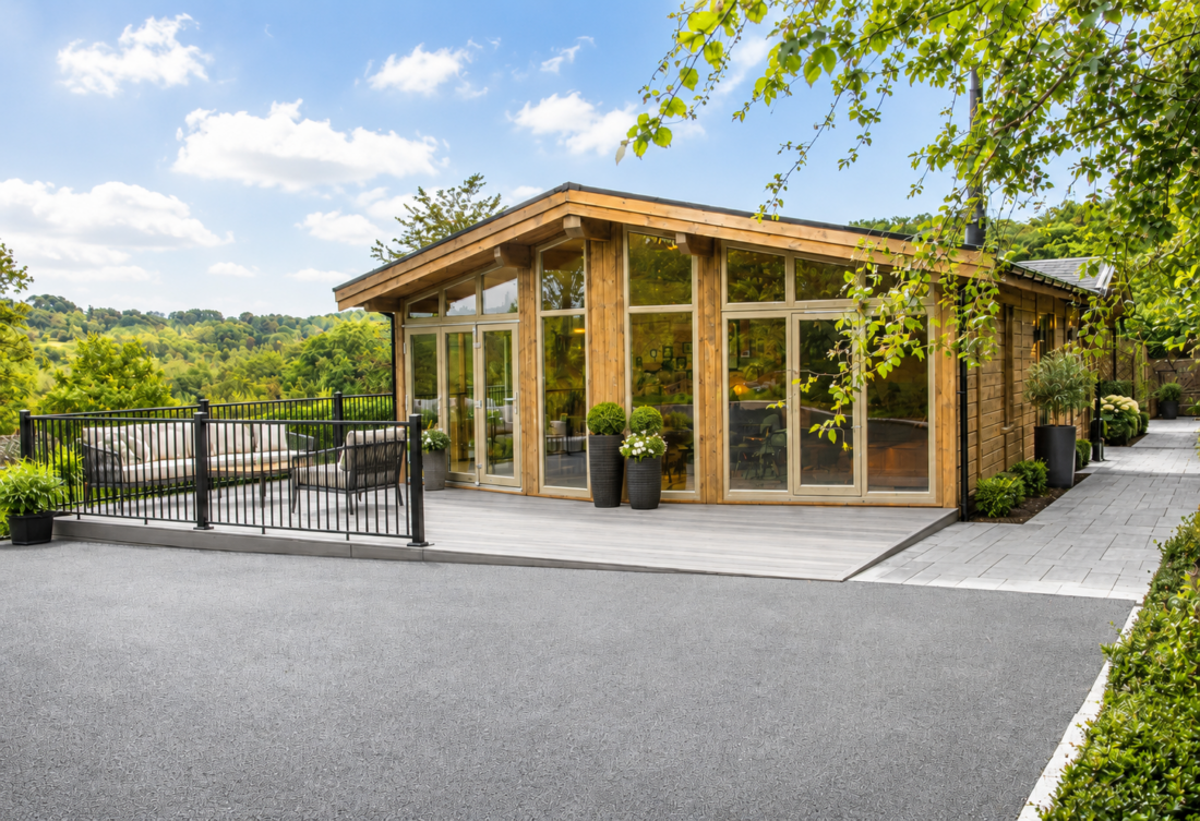 Modern cabin with lush outdoor setting