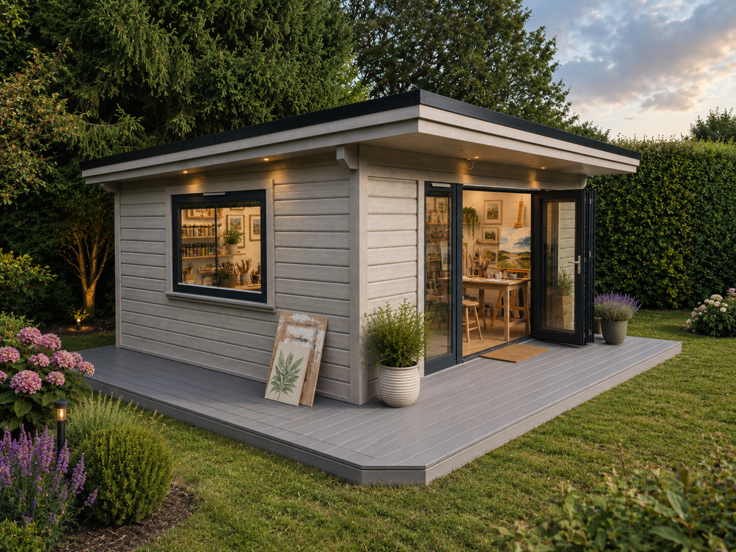 Cozy garden studio at dusk