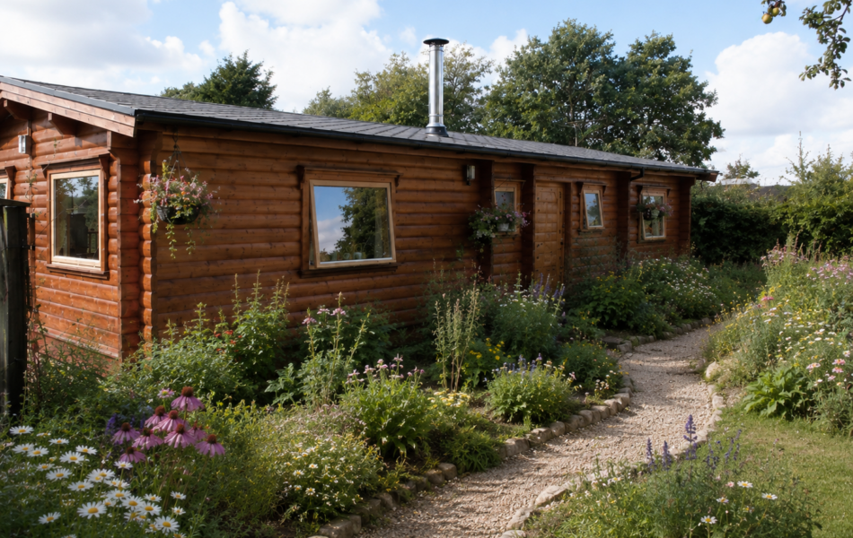Rustic cabin in a blooming garden
