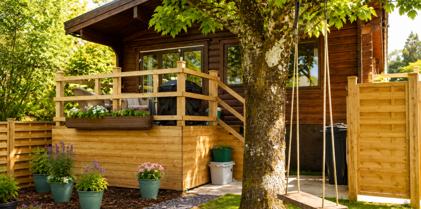 Sunny garden cabin with swing