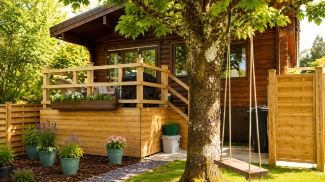 Sunny garden cabin with swing